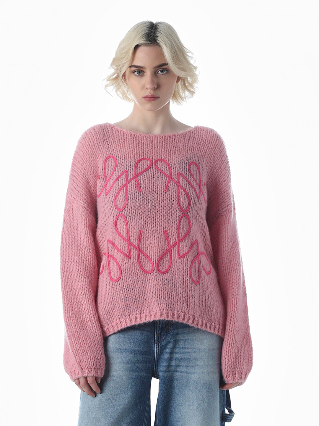 Pink Embroidered O-Neck Pullover