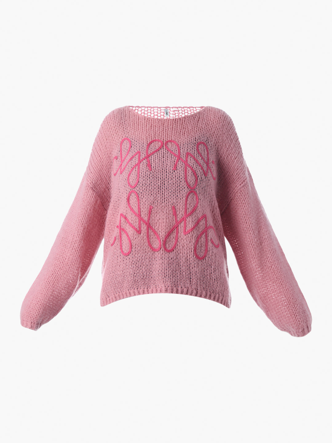 Pink Embroidered O-Neck Pullover