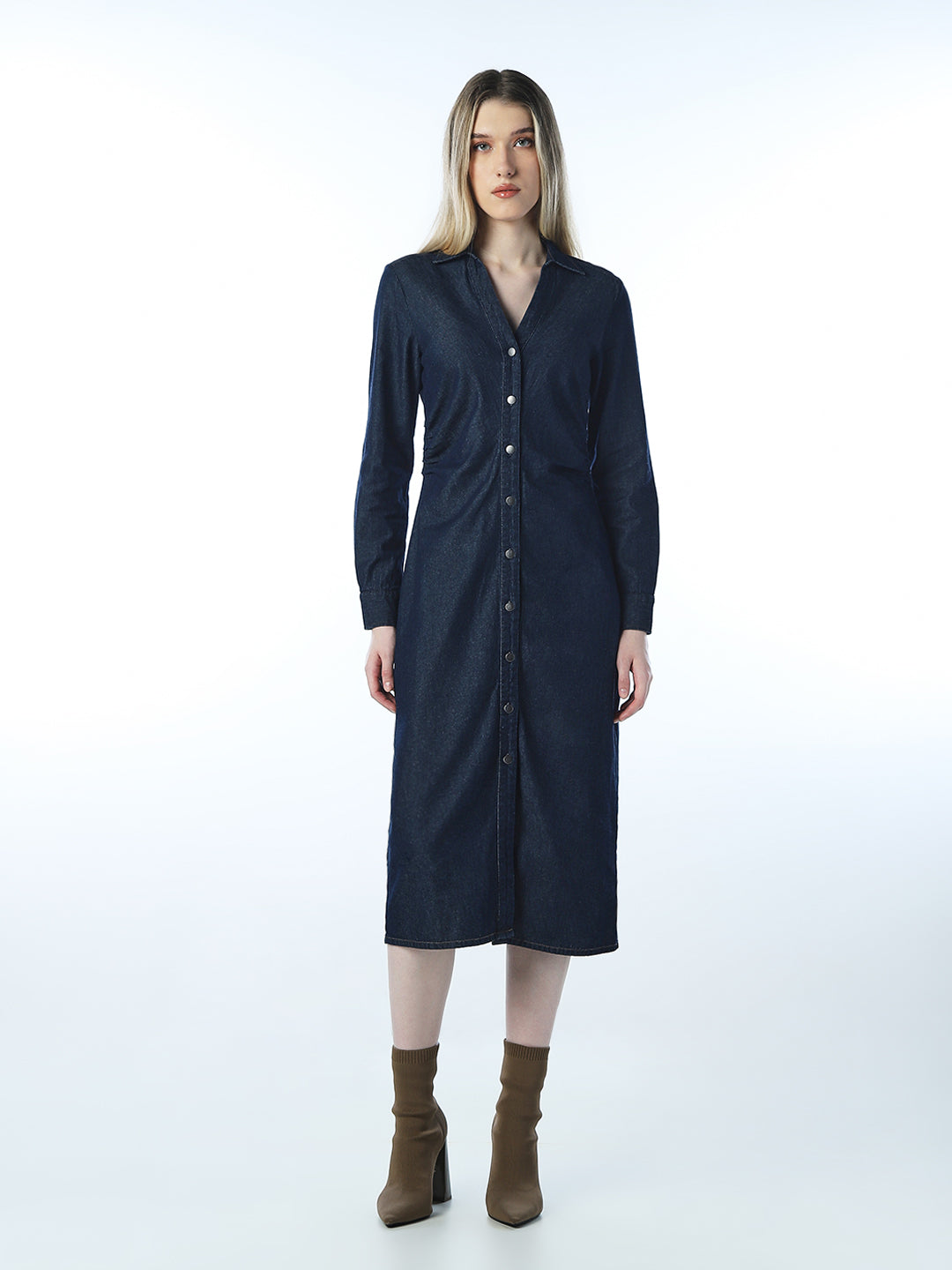 V-Neck Midi Denim Dress