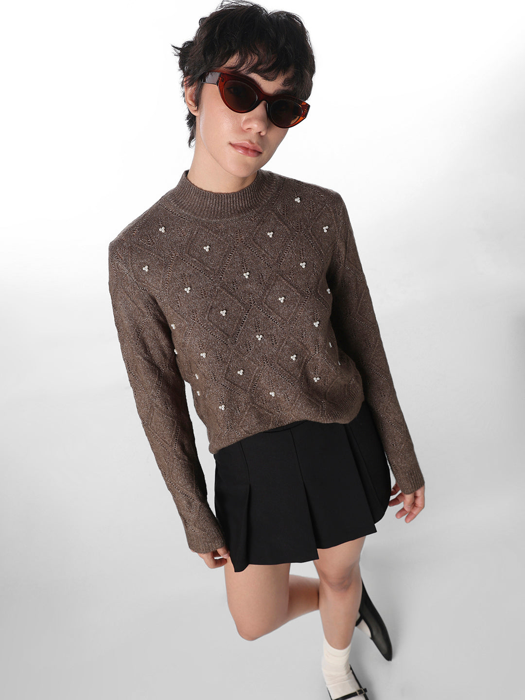 Dark Brown Pearl Embellished Pullover