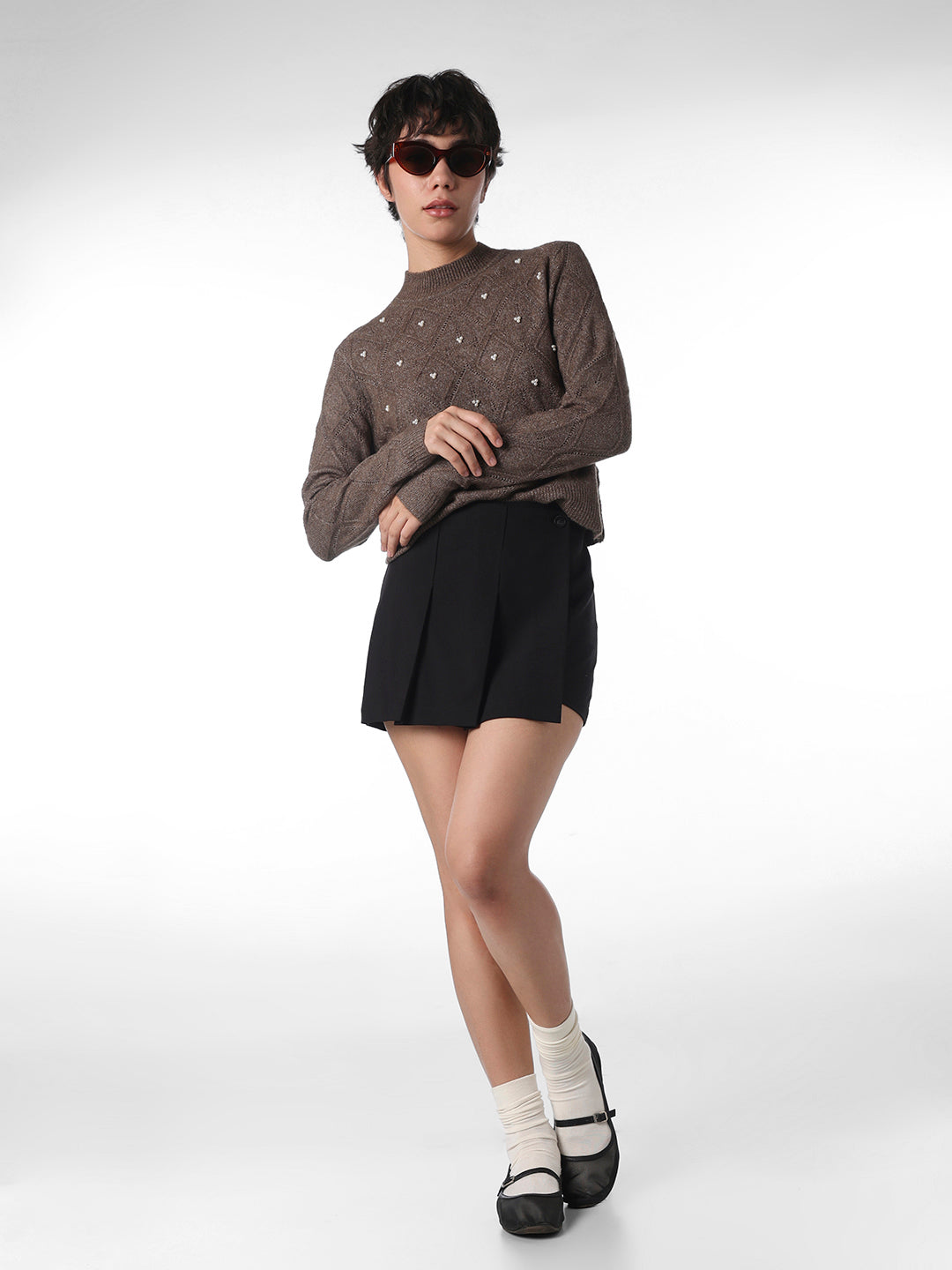 Dark Brown Pearl Embellished Pullover