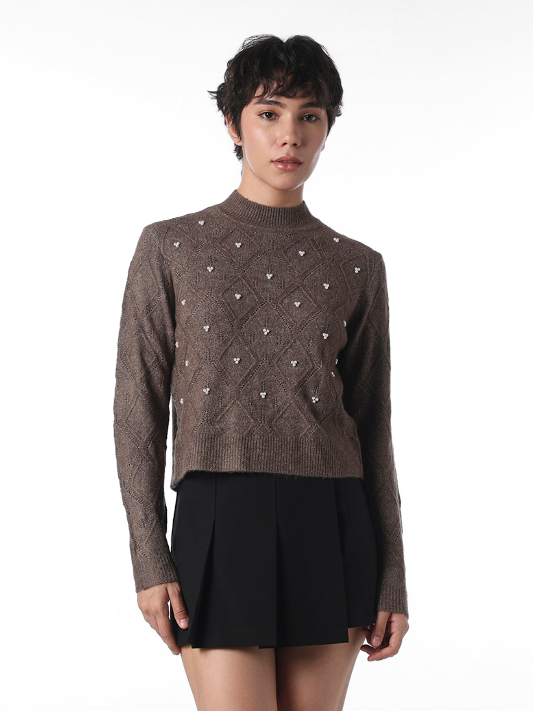 Dark Brown Pearl Embellished Pullover