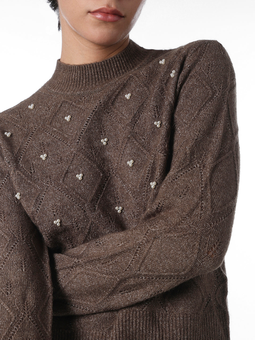 Dark Brown Pearl Embellished Pullover