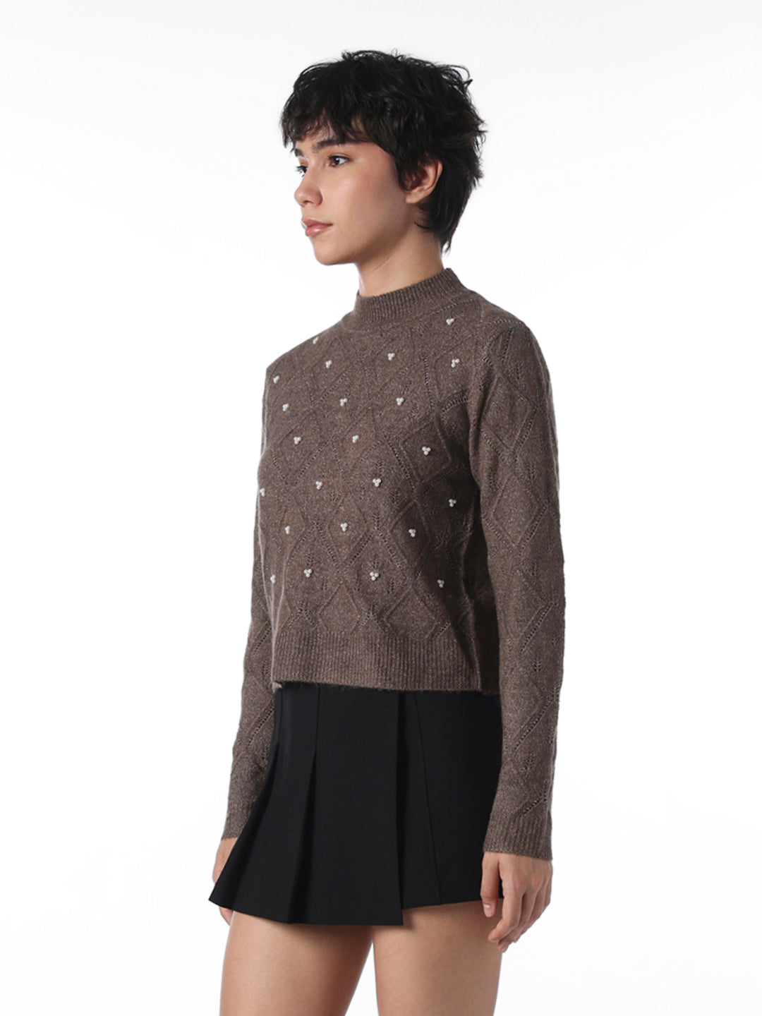 Dark Brown Pearl Embellished Pullover