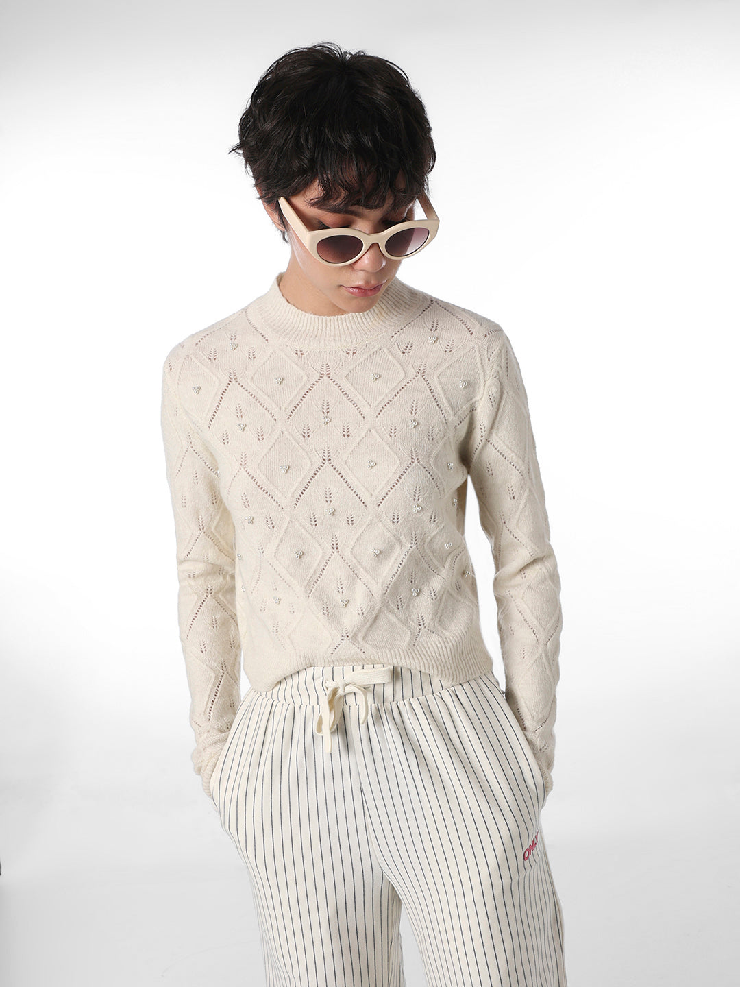 Beige Pearl Embellished Pullover
