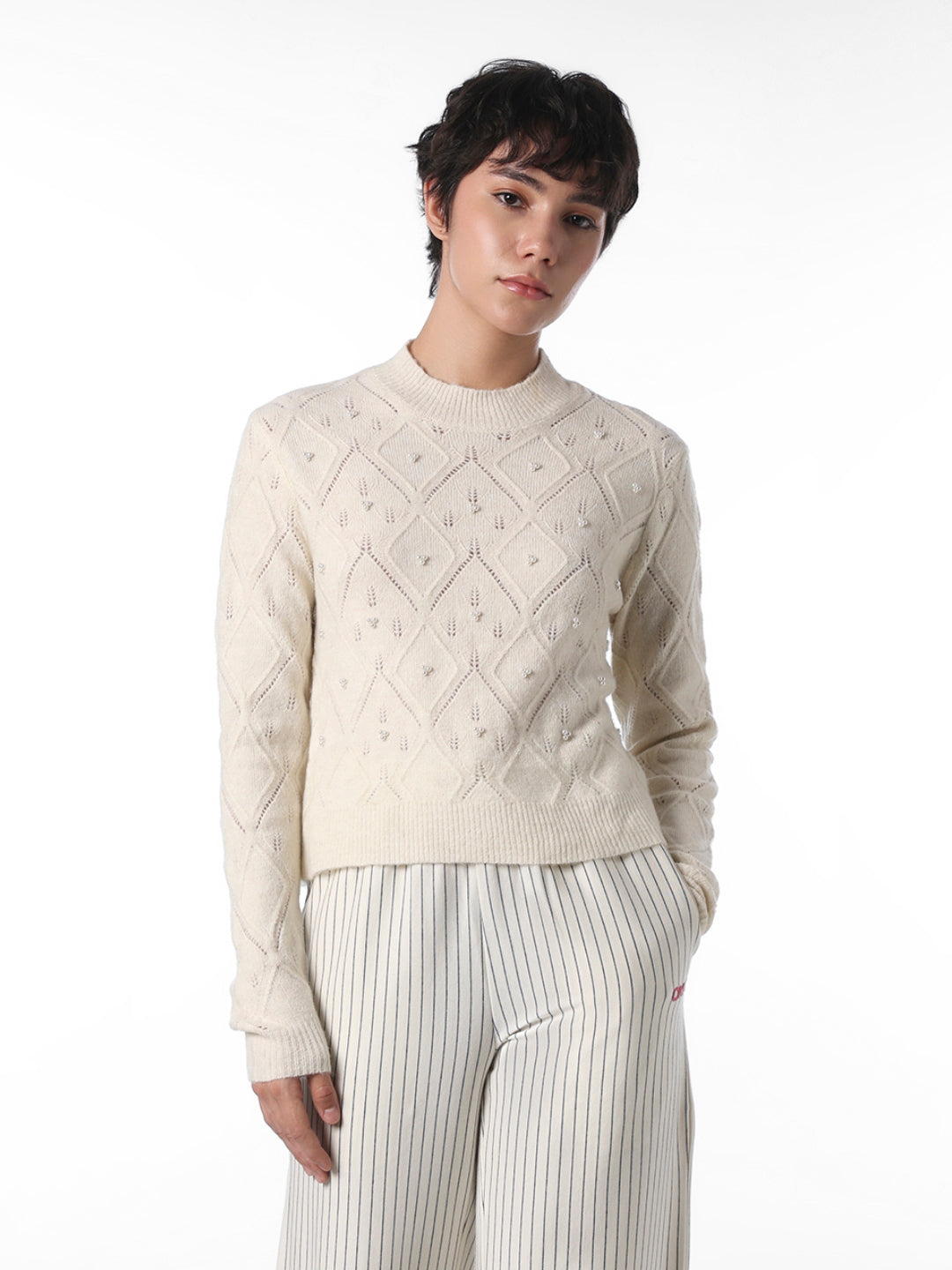 Beige Pearl Embellished Pullover