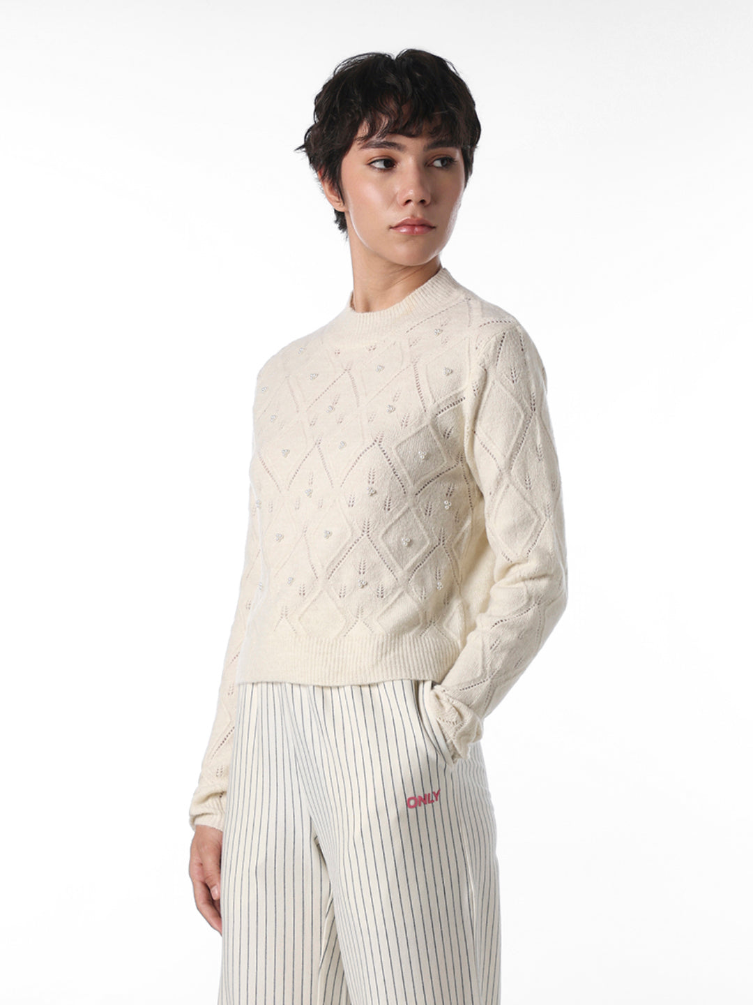 Beige Pearl Embellished Pullover