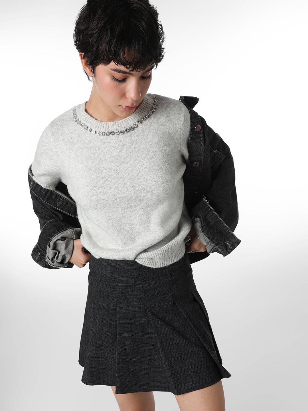 Grey Rhinestone Neck Knitted Top