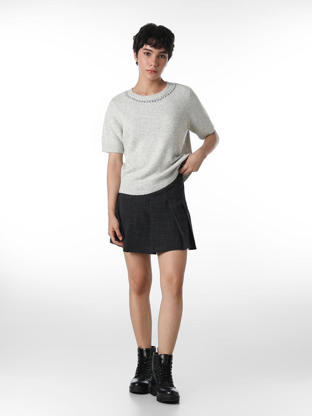 Grey Rhinestone Neck Knitted Top