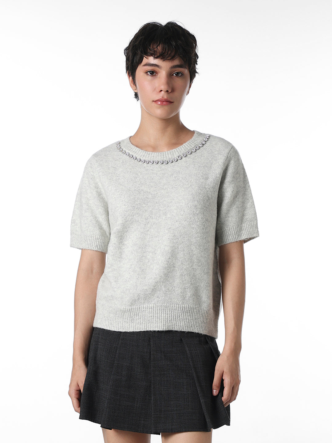 Grey Rhinestone Neck Knitted Top
