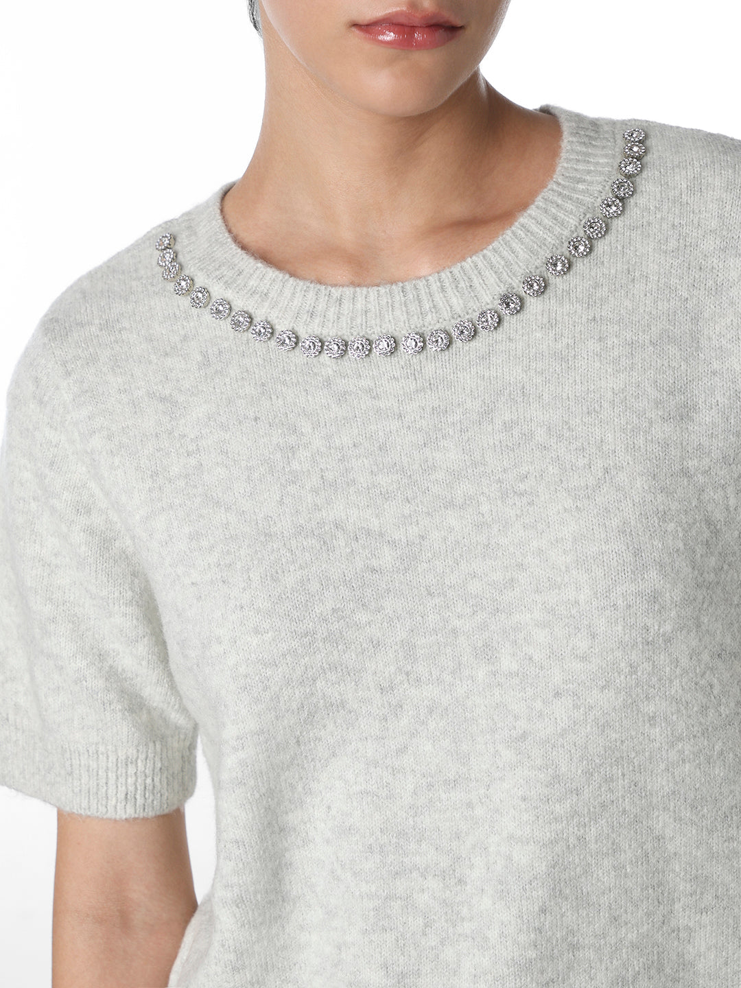 Grey Rhinestone Neck Knitted Top