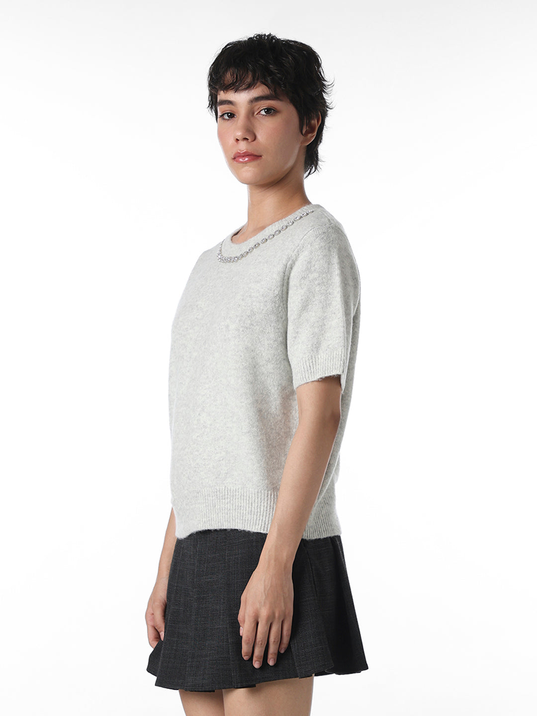 Grey Rhinestone Neck Knitted Top