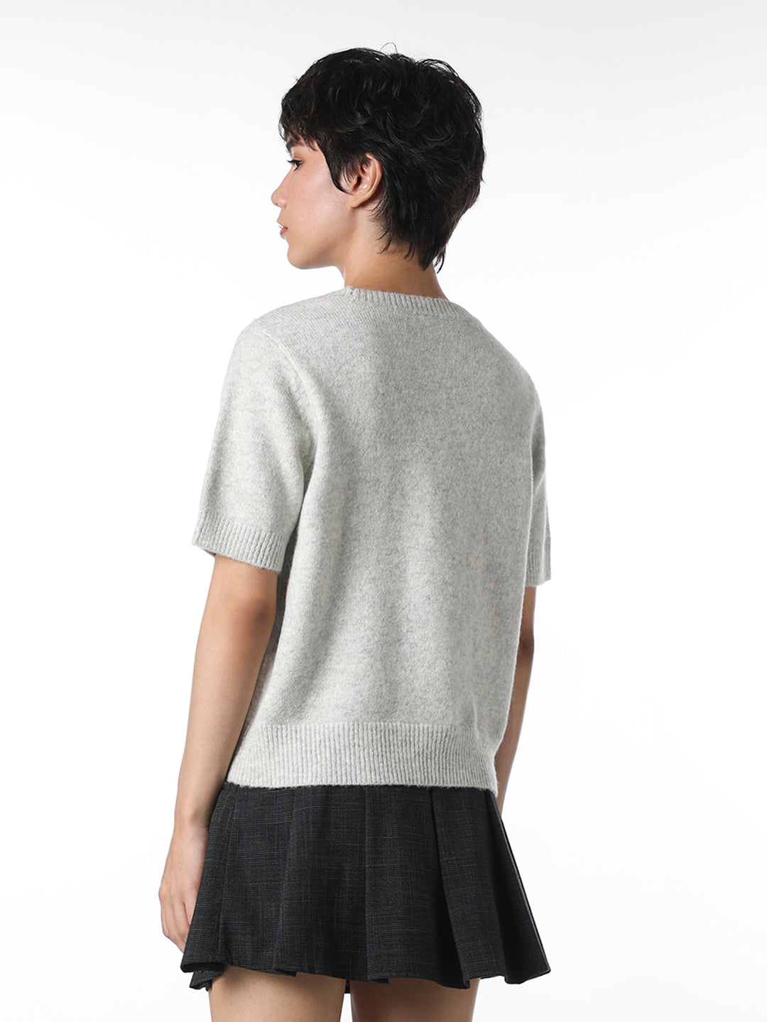 Grey Rhinestone Neck Knitted Top