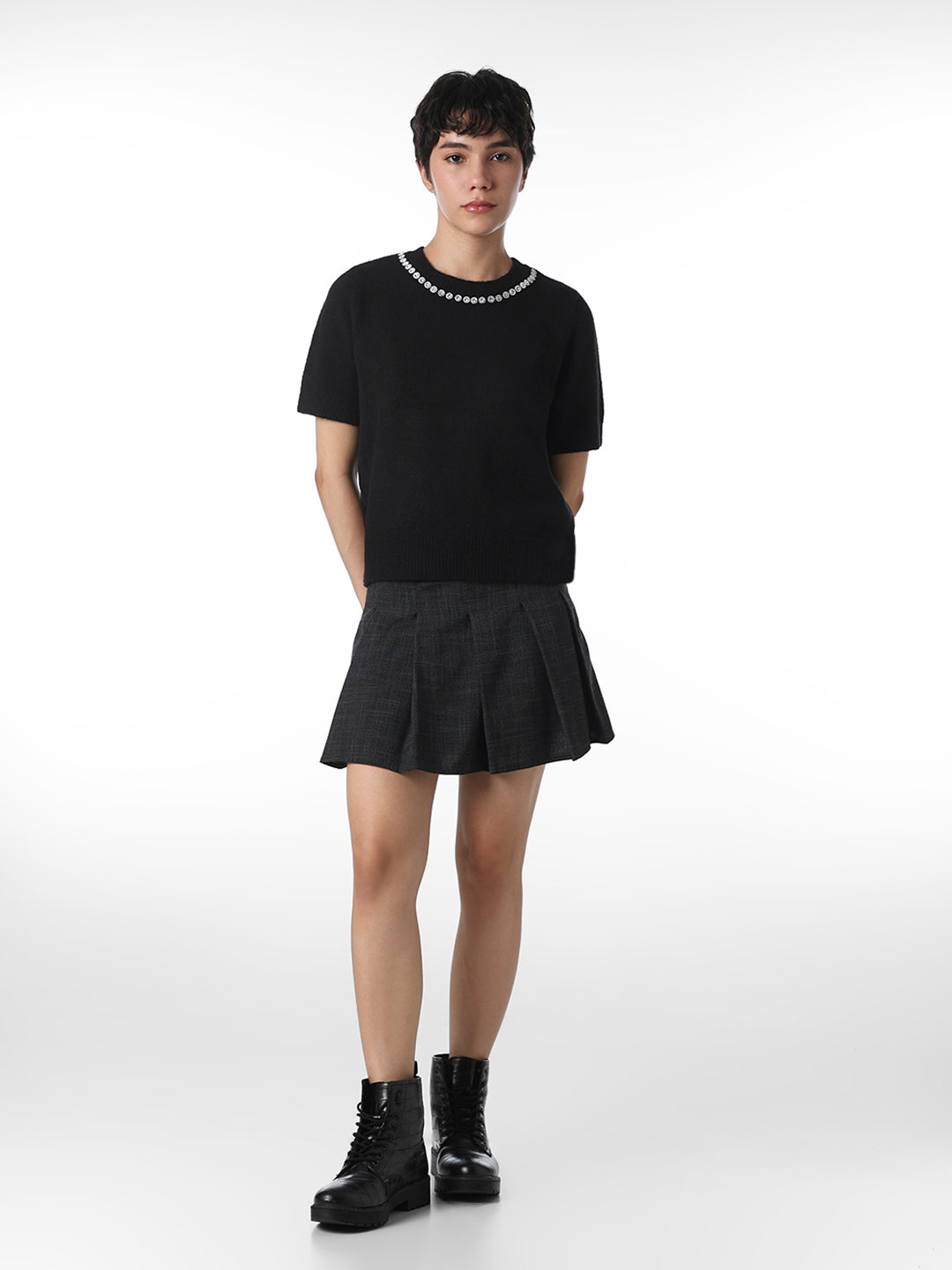 Black Rhinestone Neck Knitted Top