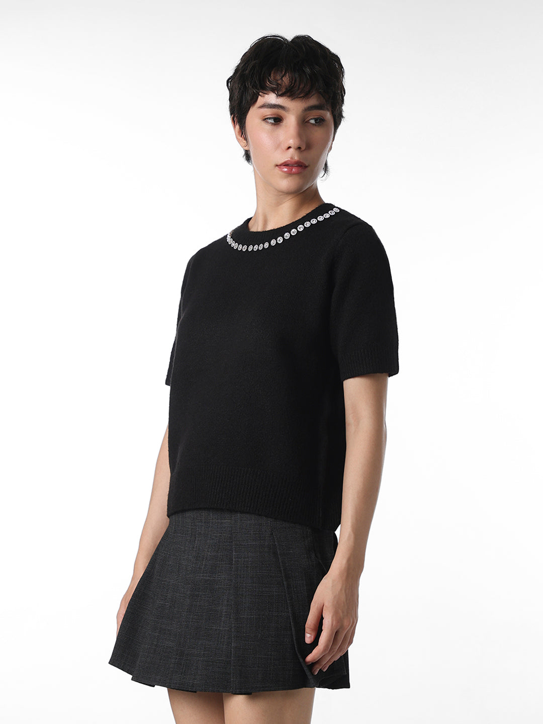 Black Rhinestone Neck Knitted Top