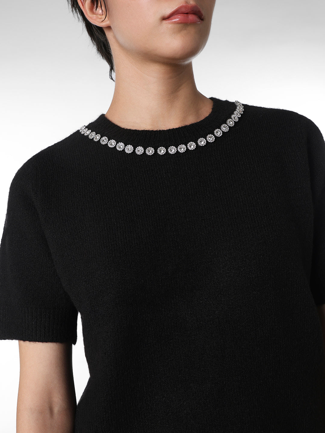 Black Rhinestone Neck Knitted Top