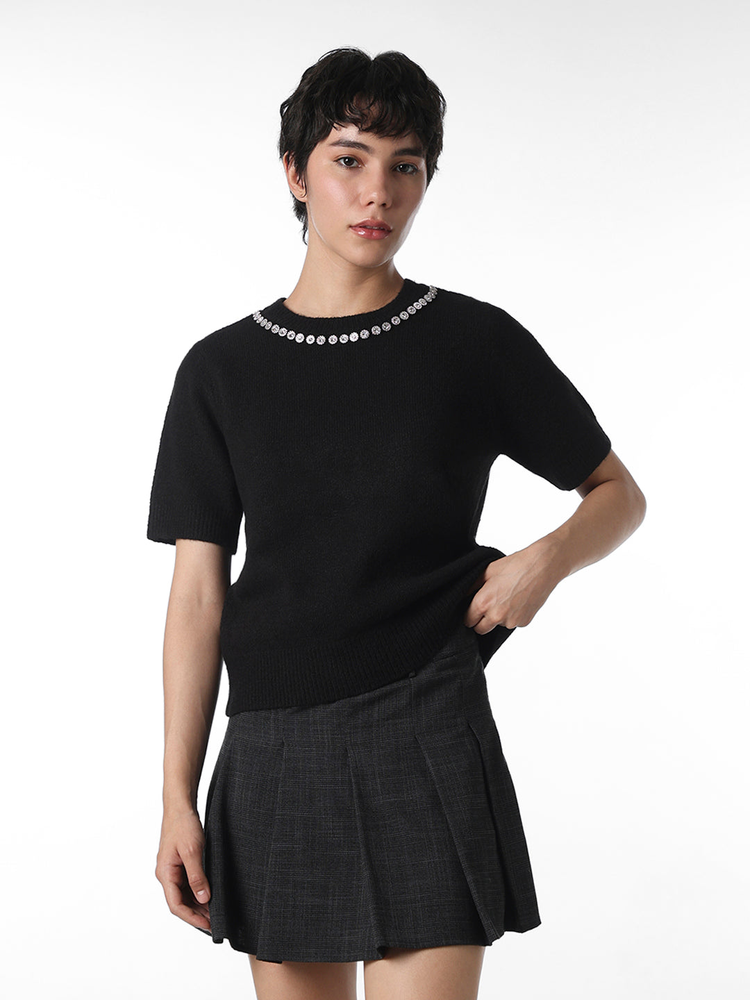 Black Rhinestone Neck Knitted Top