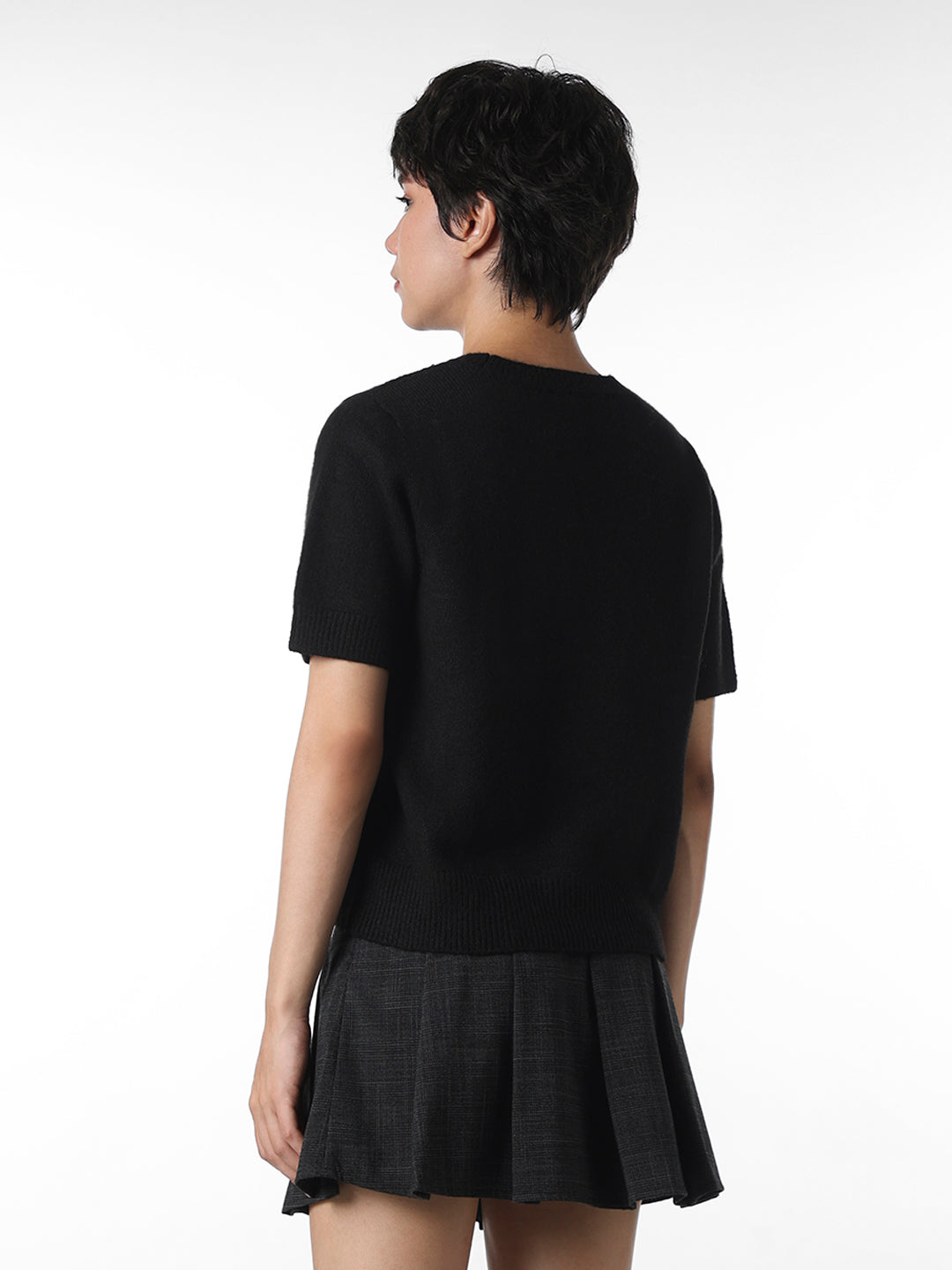 Black Rhinestone Neck Knitted Top