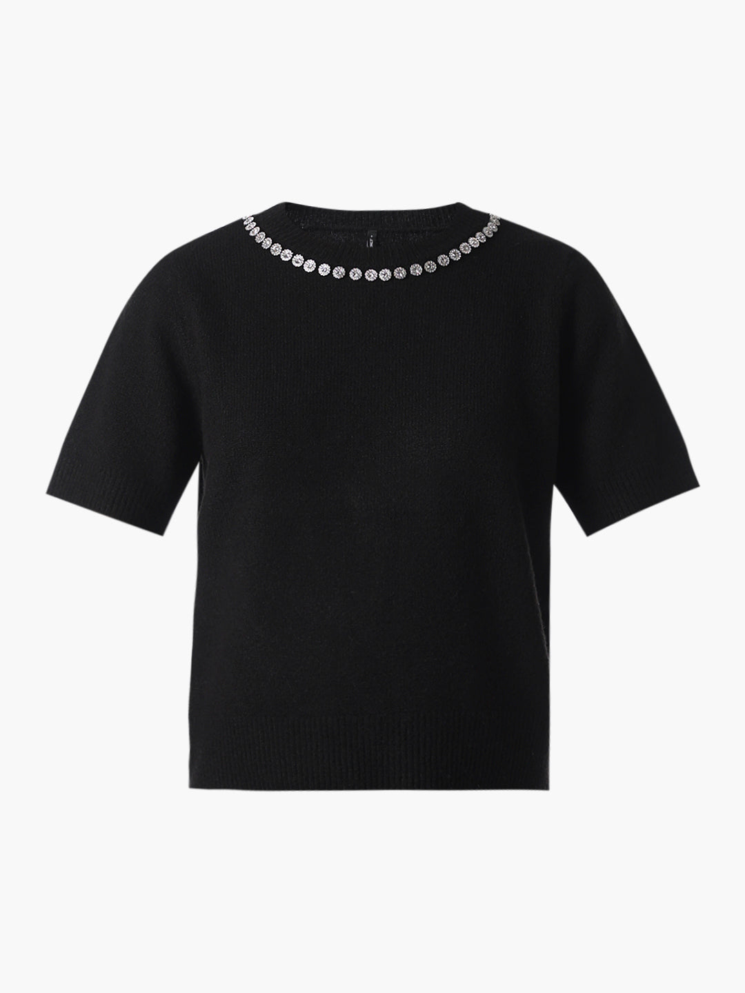 Black Rhinestone Neck Knitted Top
