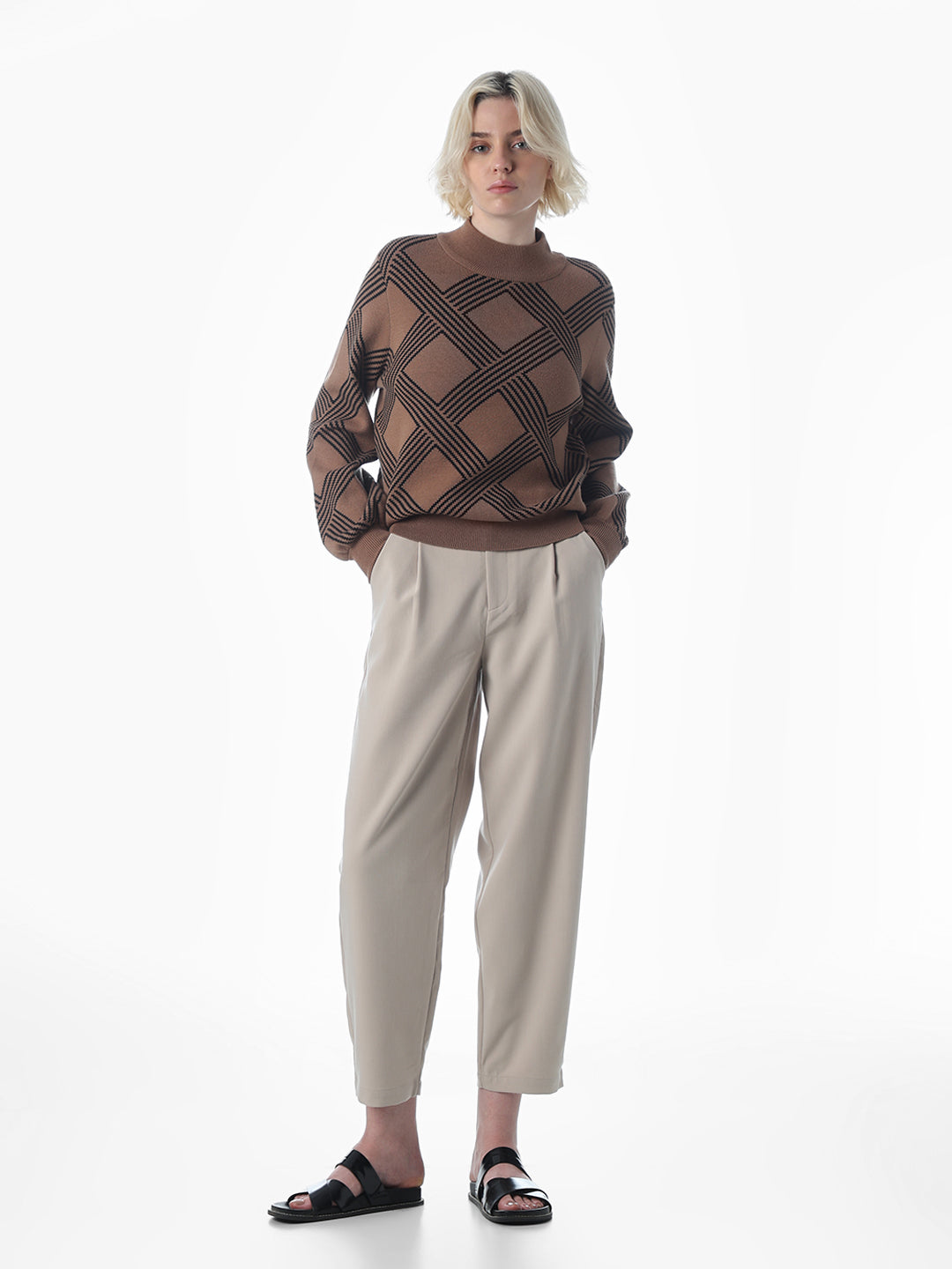 Brown Boxy Fit O-Neck Pullover