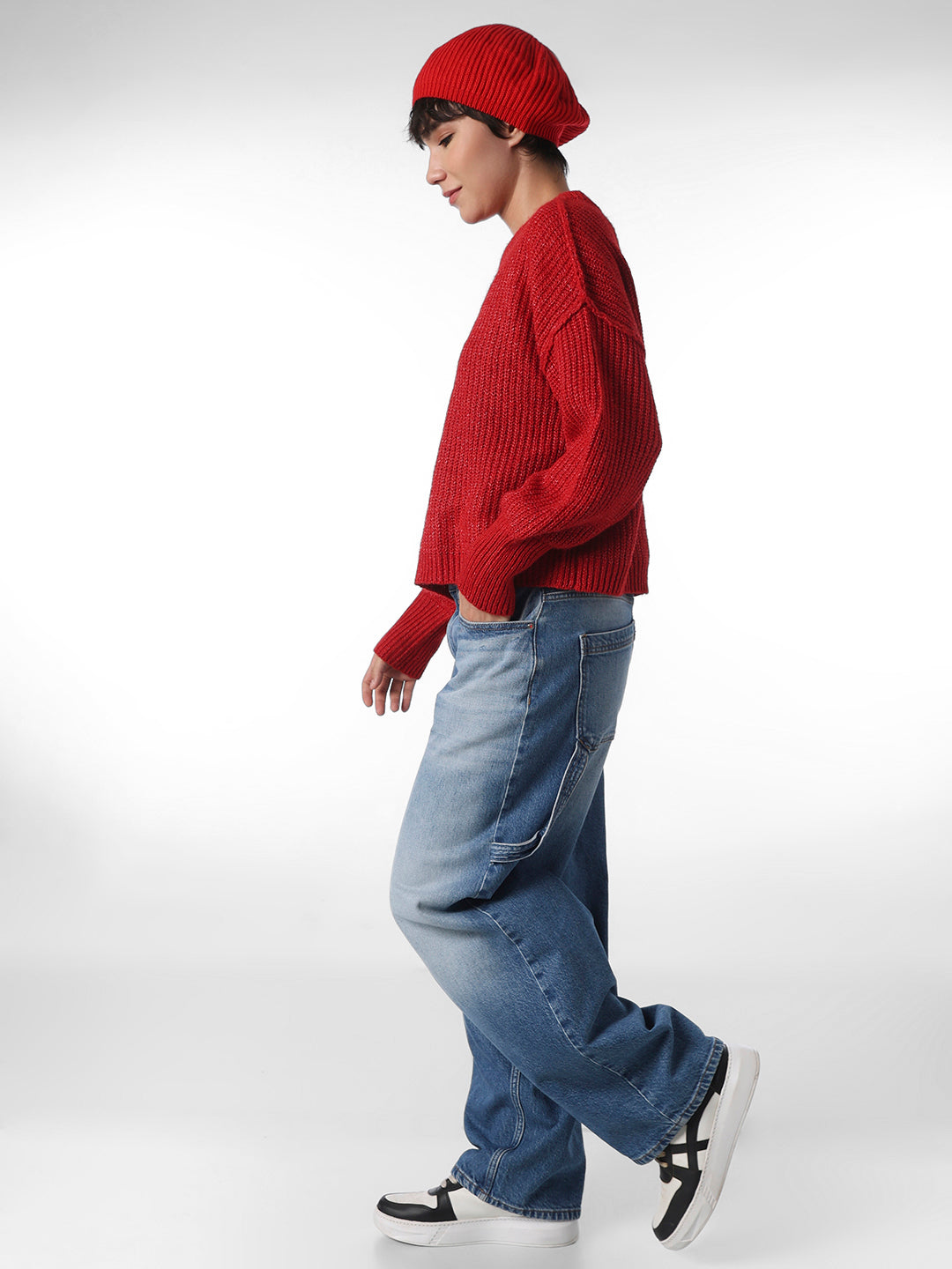 Red O-Neck Ribbed Pullover