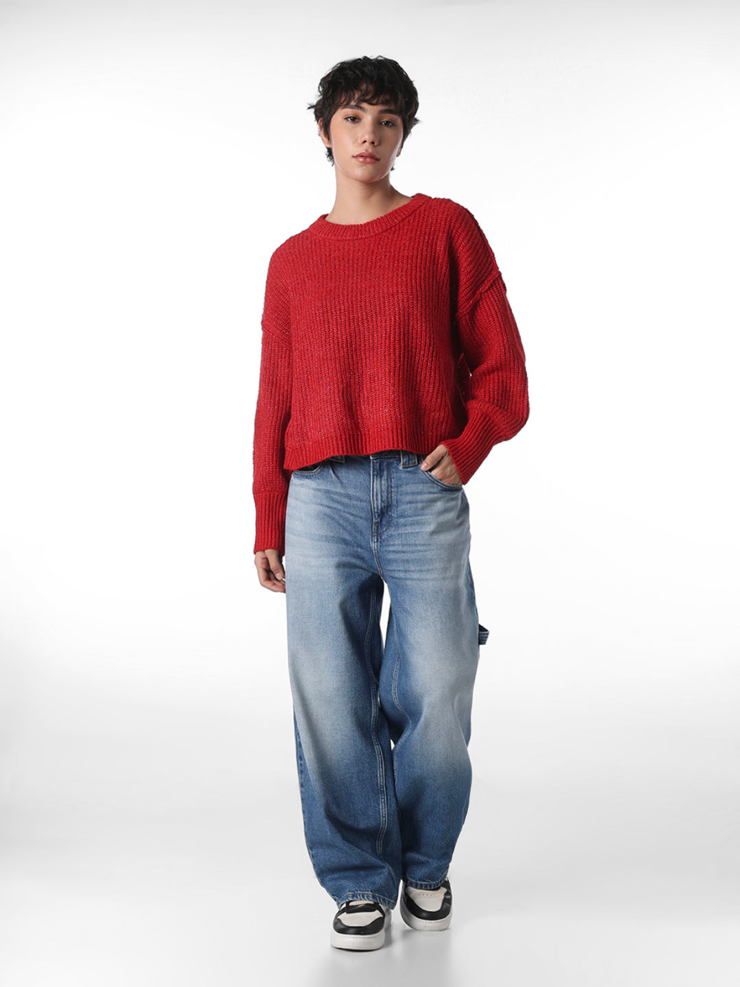 Red O-Neck Ribbed Pullover
