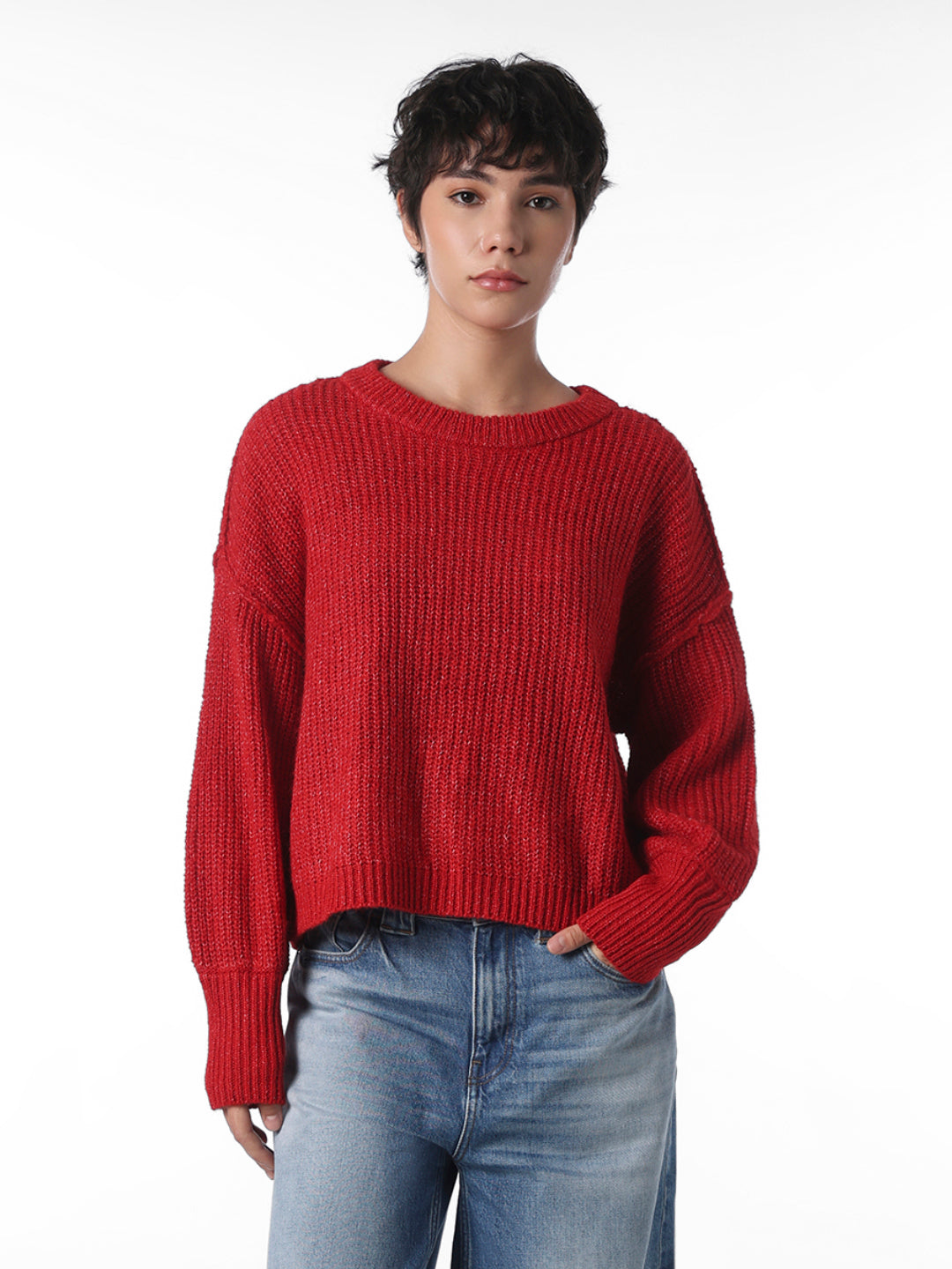 Red O-Neck Ribbed Pullover