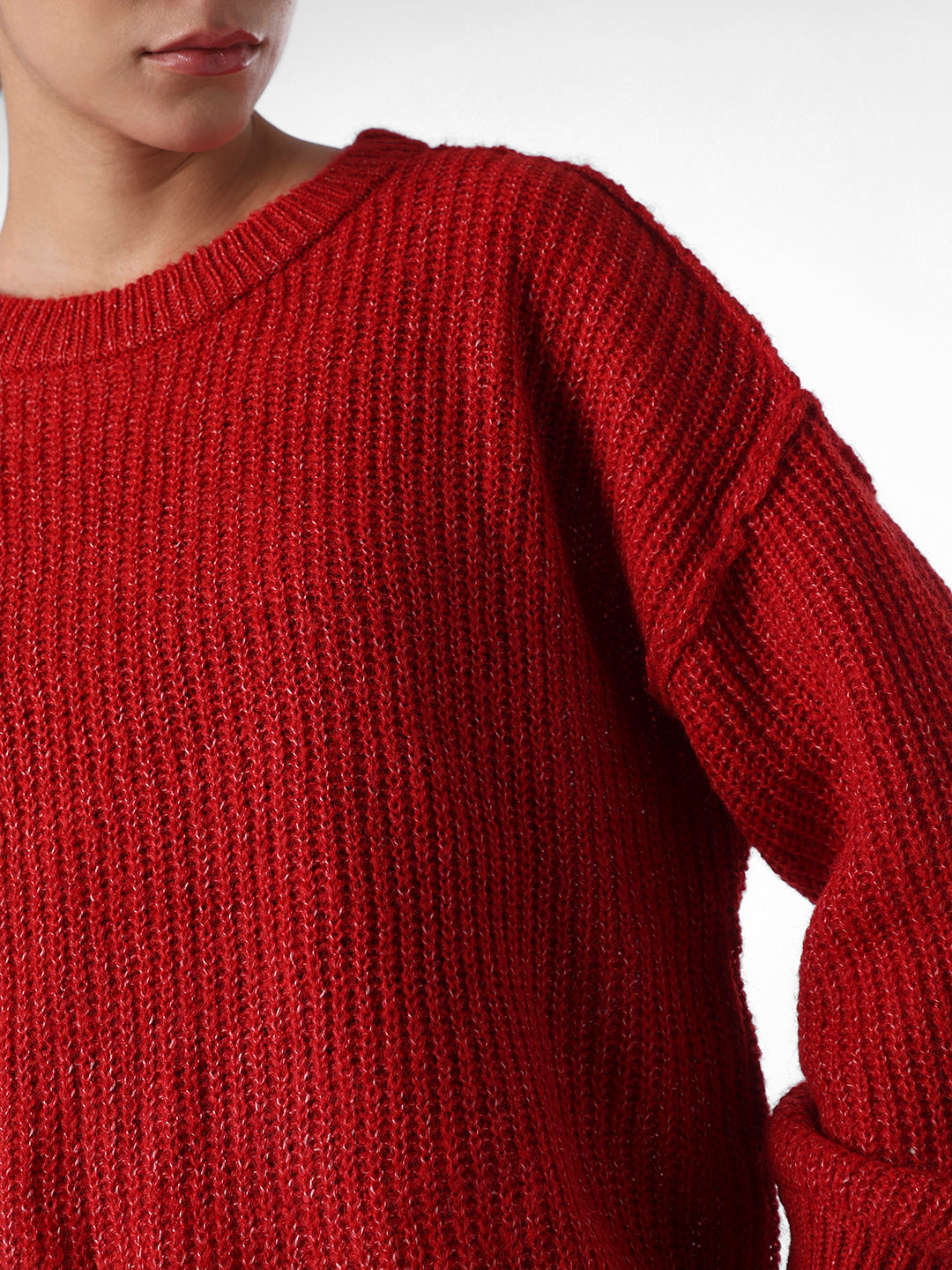 Red O-Neck Ribbed Pullover