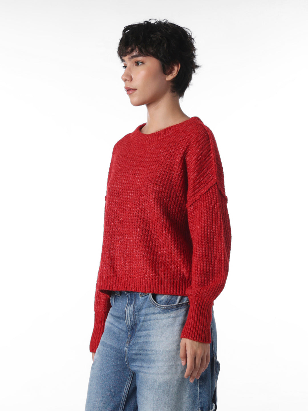Red O-Neck Ribbed Pullover