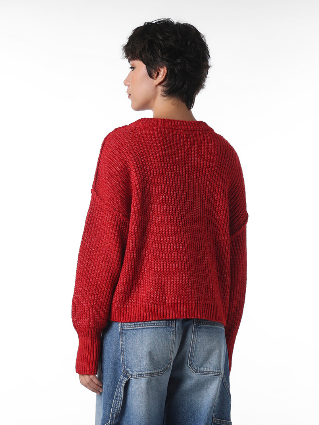 Red O-Neck Ribbed Pullover