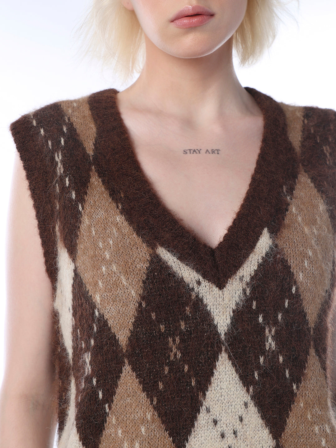 Check V-Neck Sweater Vest - Brown
