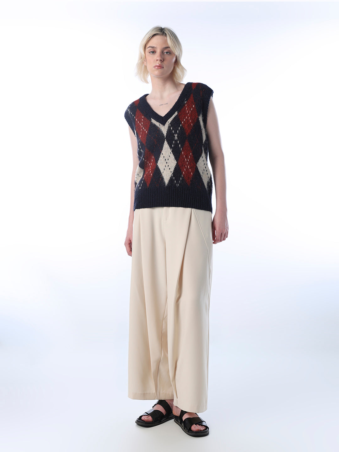 Check V-Neck Sweater Vest - Red