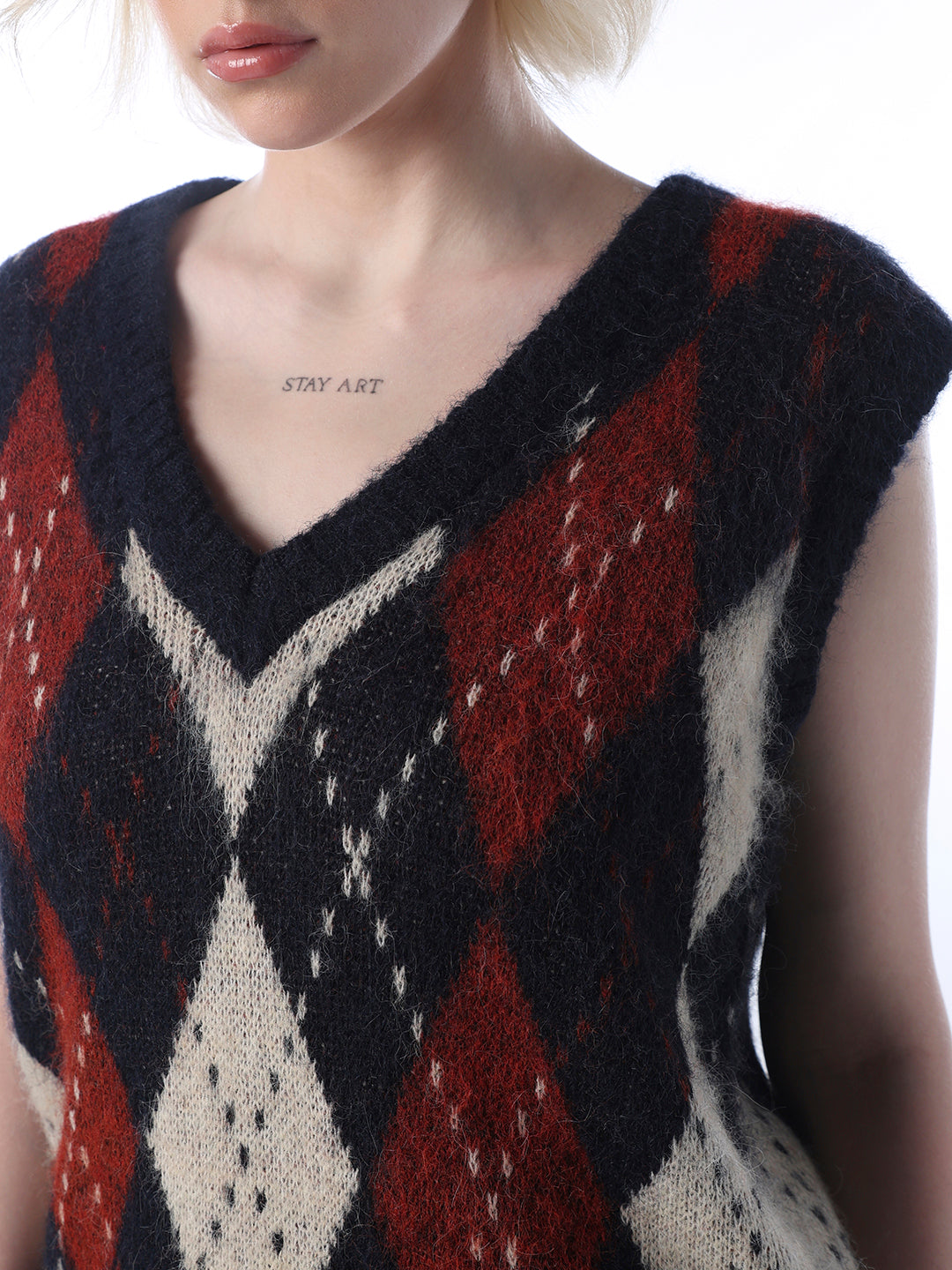 Check V-Neck Sweater Vest - Red