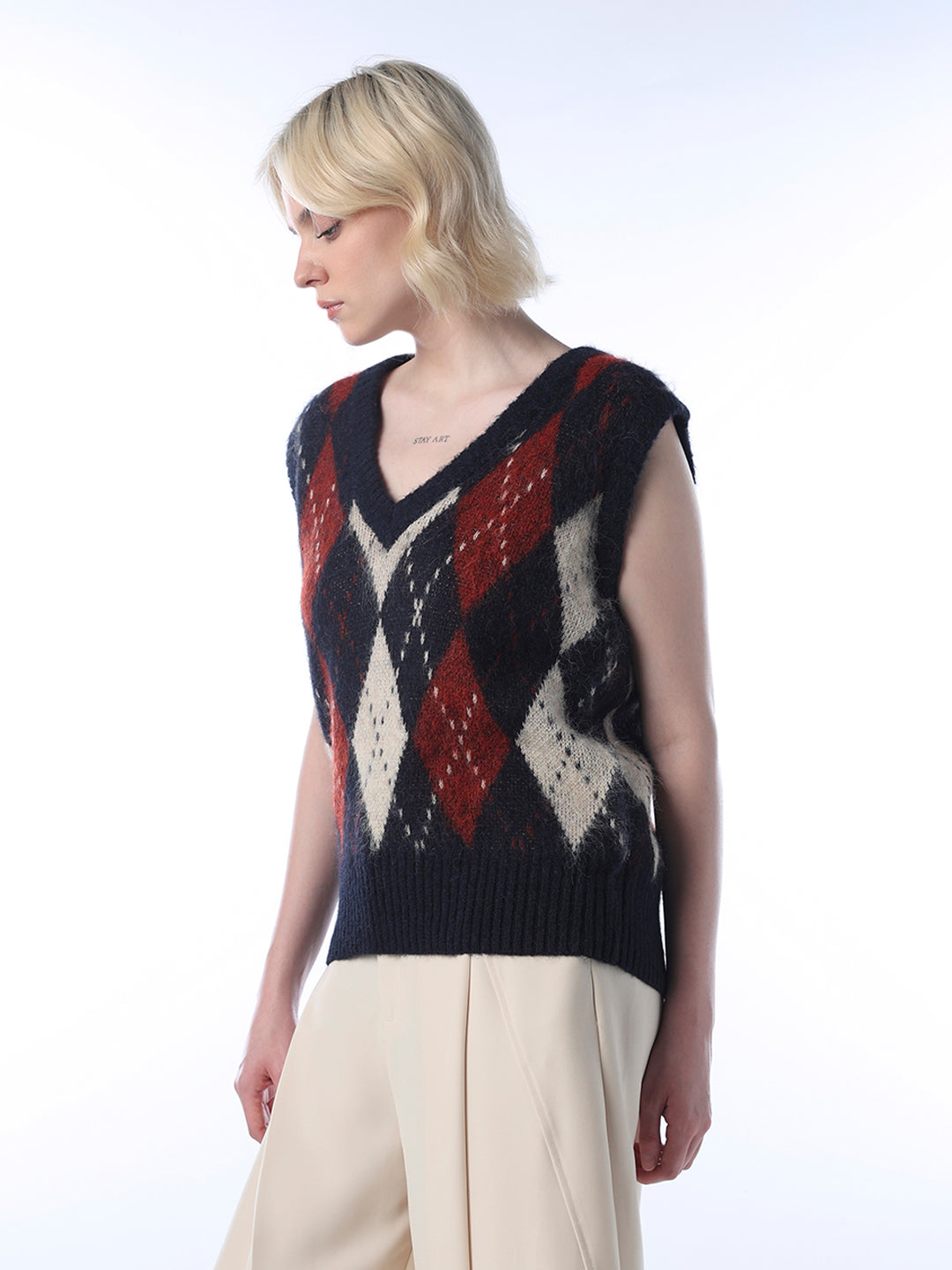 Check V-Neck Sweater Vest - Red