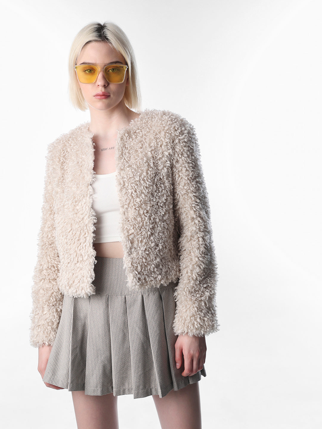 Beige Faux Fur Cropped Jacket