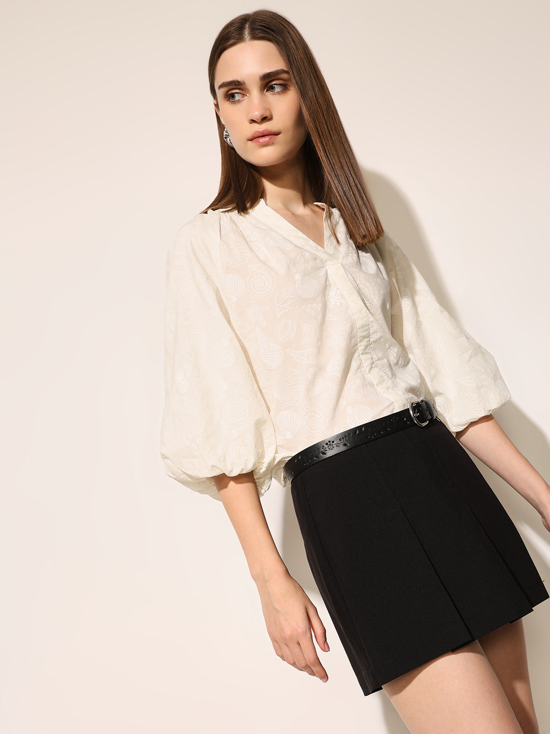 White Printed Puff Sleeves Top