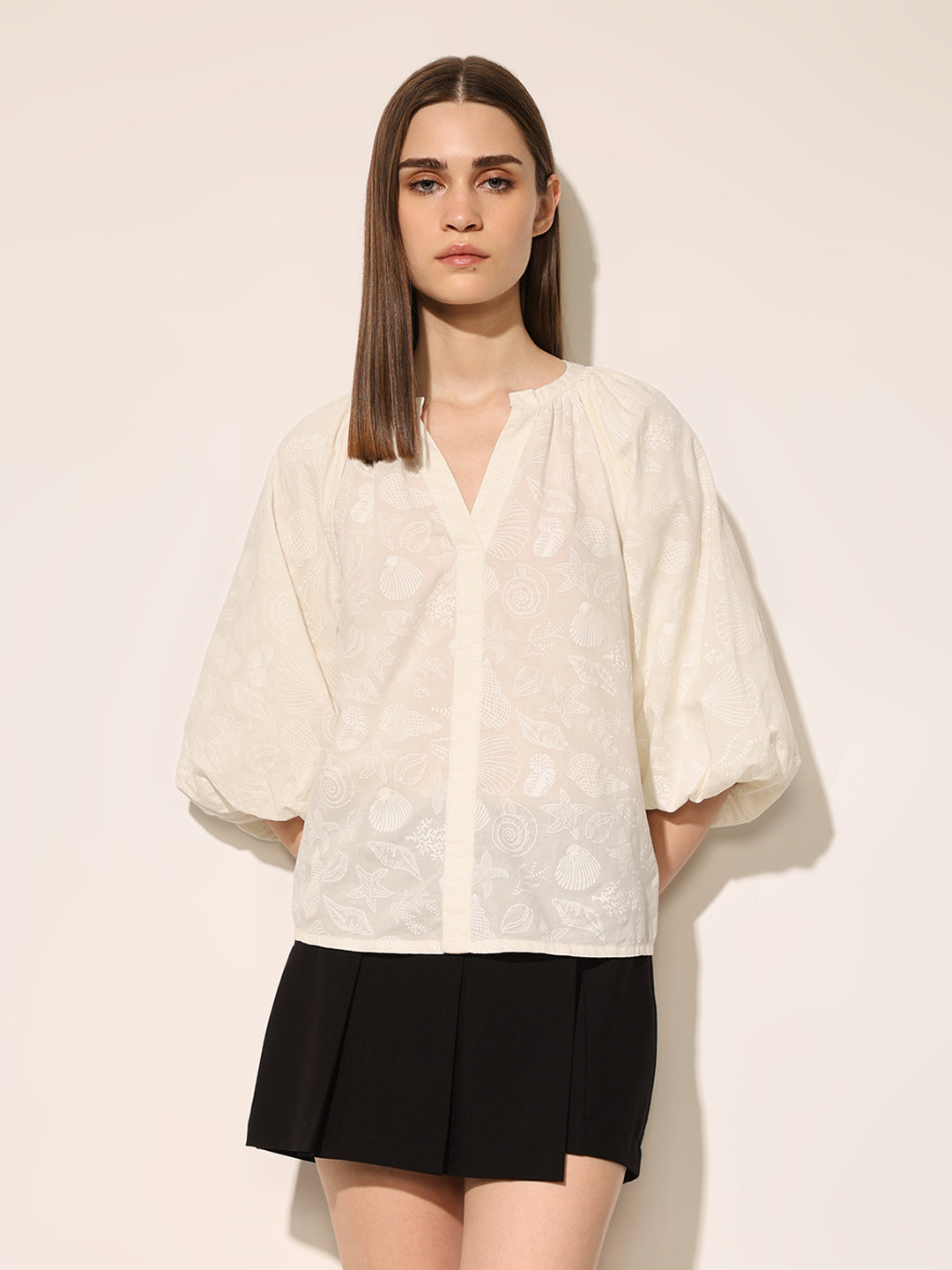 White Printed Puff Sleeves Top