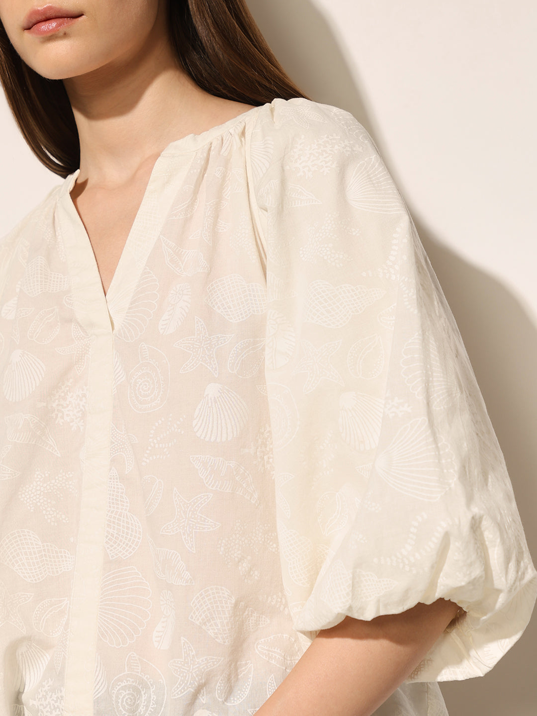 White Printed Puff Sleeves Top