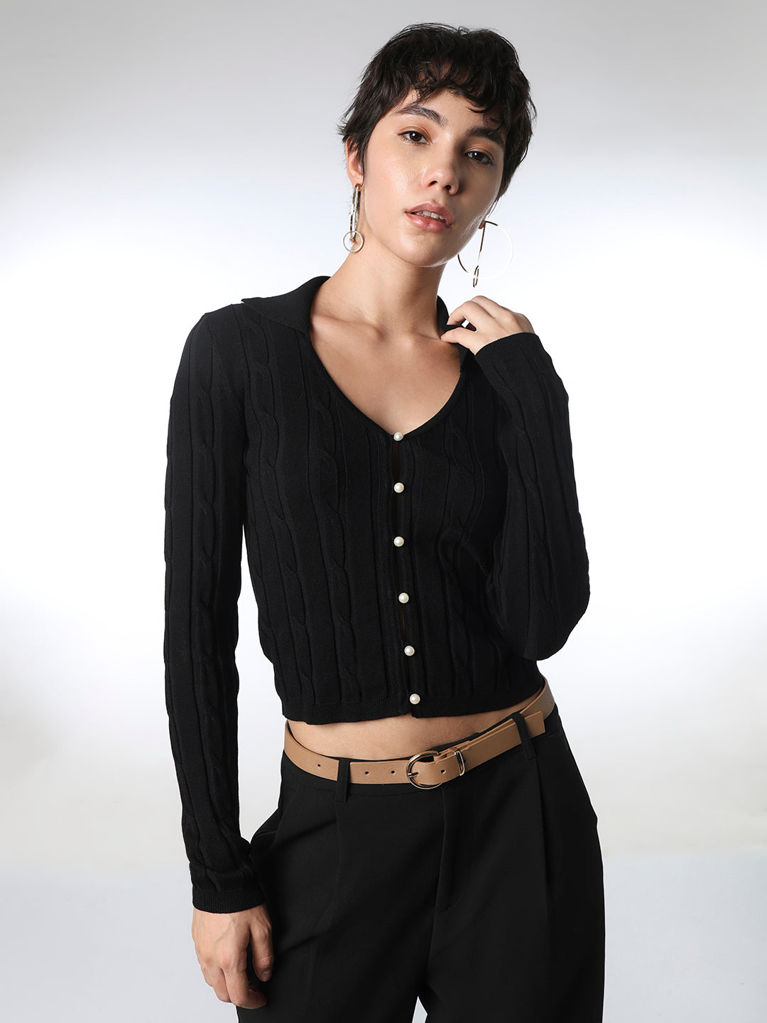 Black Cable Knit Cropped Cardigan