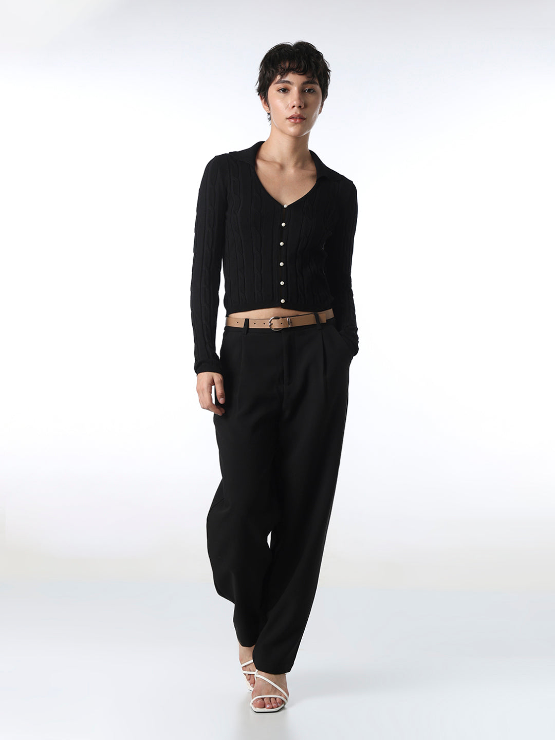 Black Cable Knit Cropped Cardigan