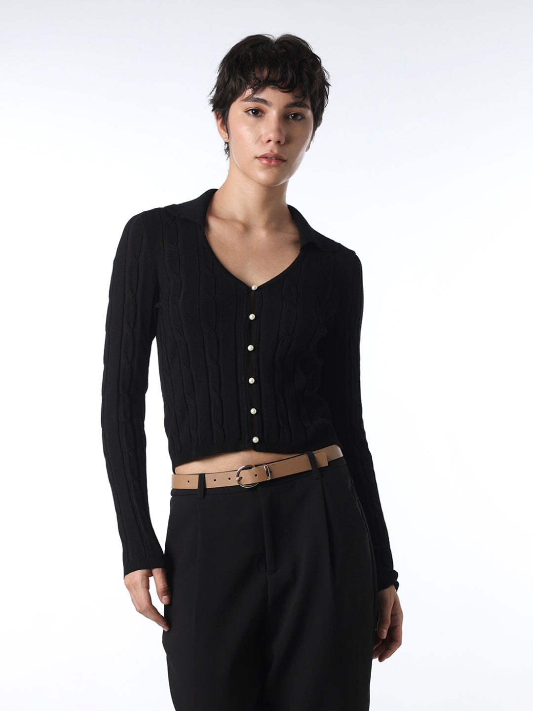Black Cable Knit Cropped Cardigan