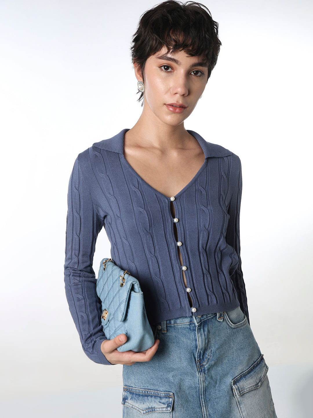 Blue Cable Knit Cropped Cardigan