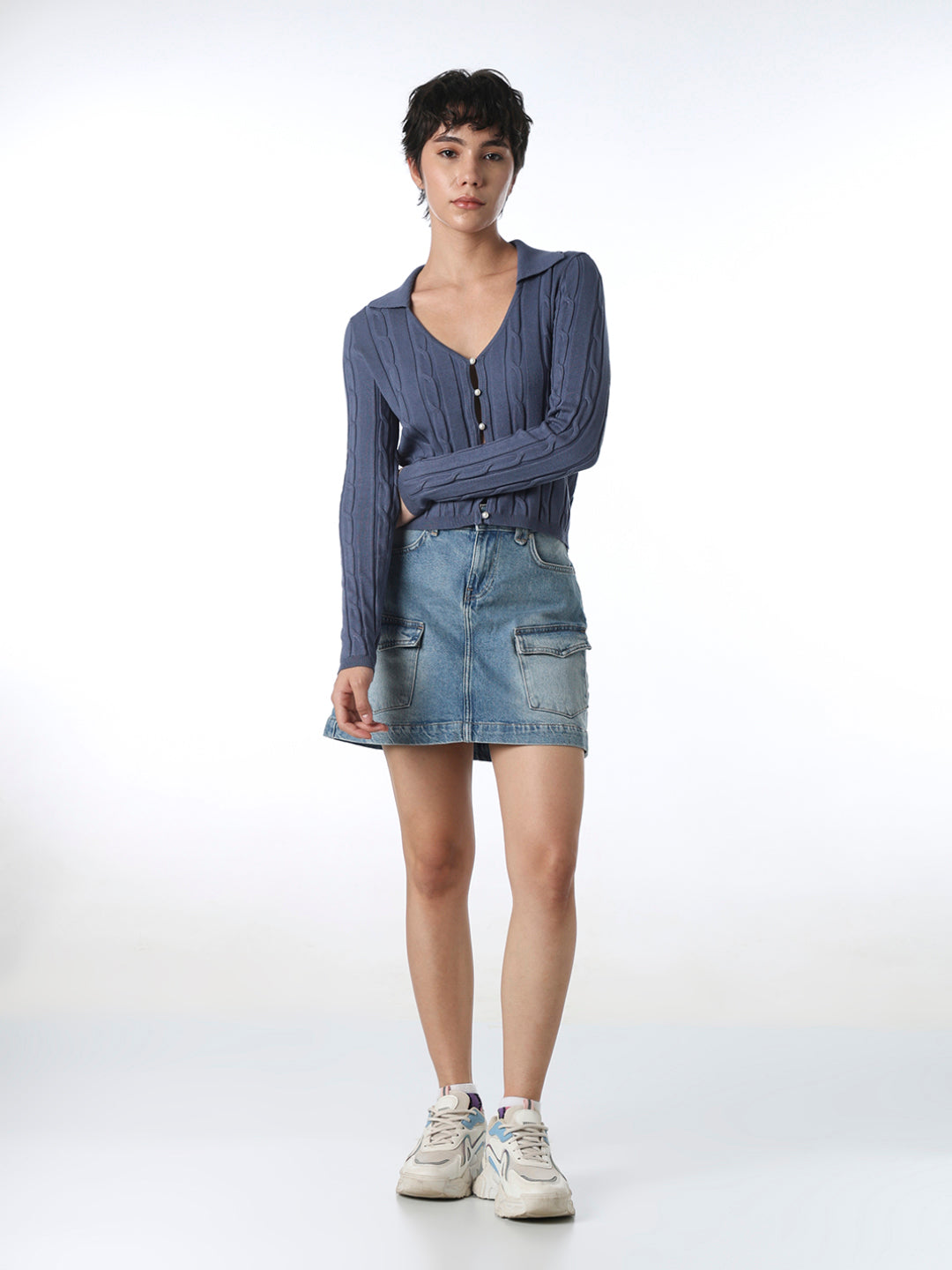 Blue Cable Knit Cropped Cardigan