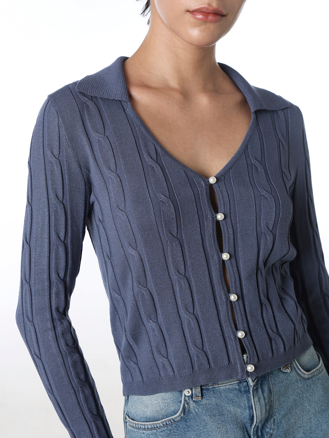 Blue Cable Knit Cropped Cardigan