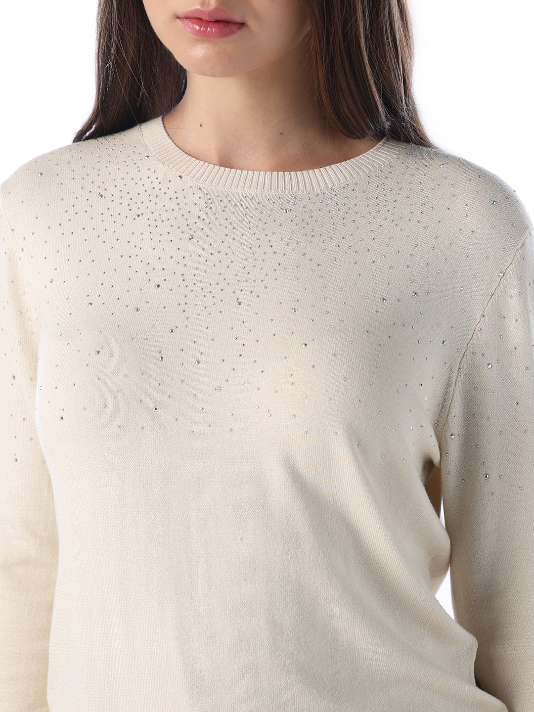 O-Neck Embellished Pullover - Cream