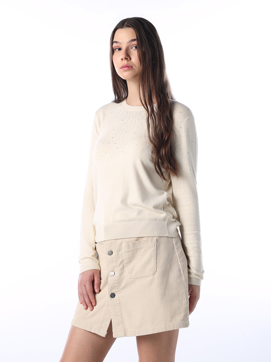 O-Neck Embellished Pullover - Cream