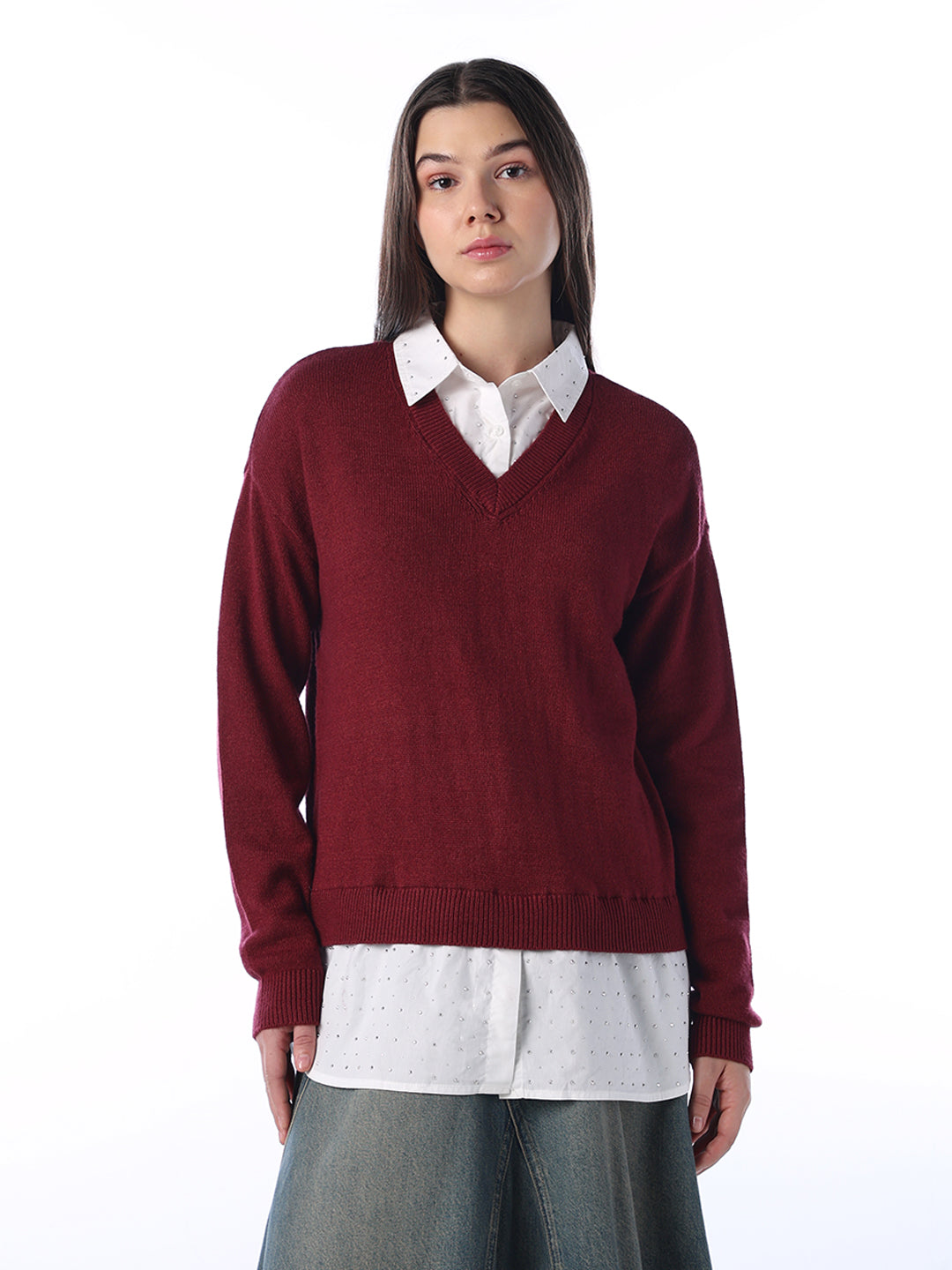 Mock Shirt Embellished Pullover