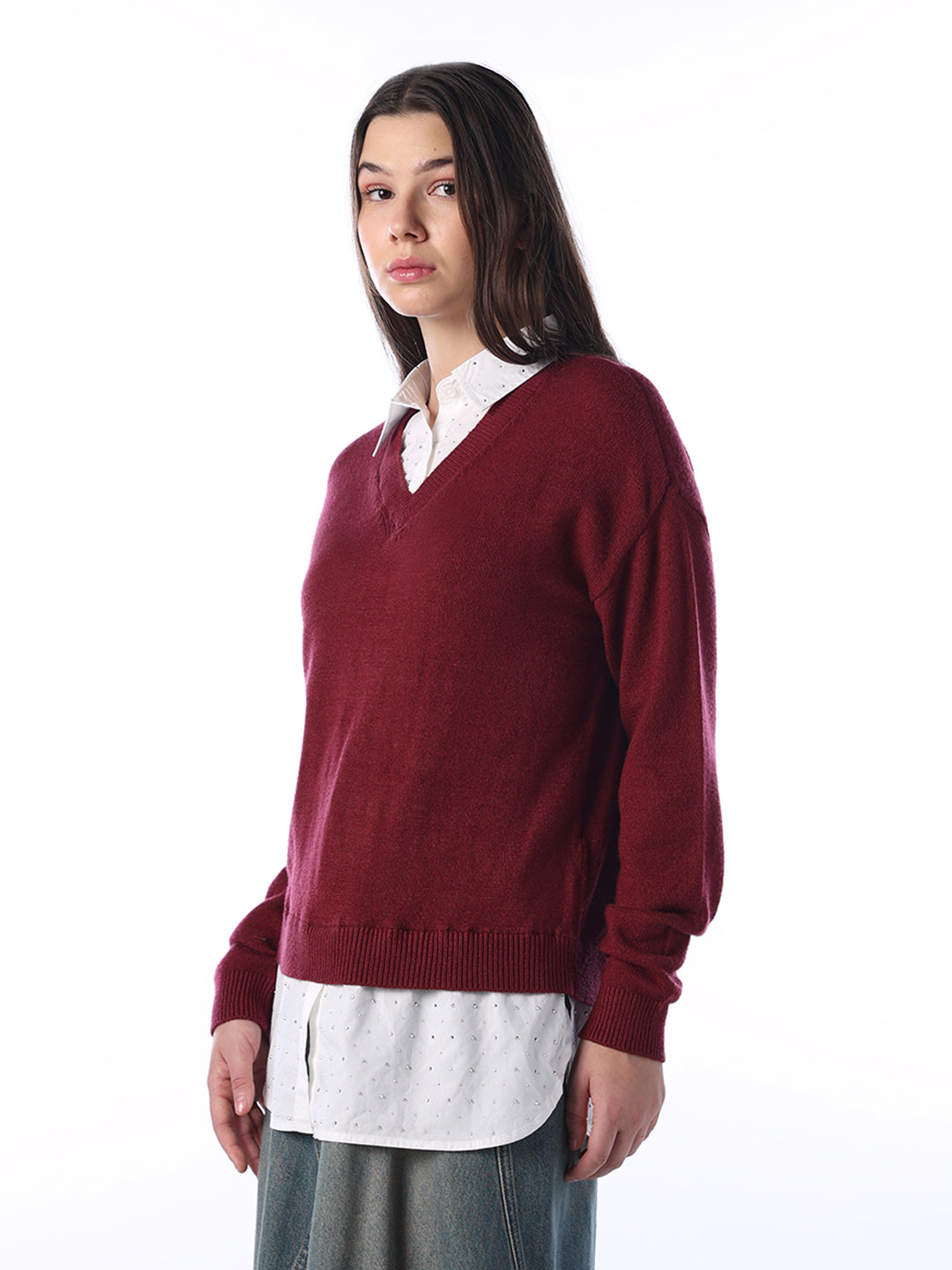 Mock Shirt Embellished Pullover