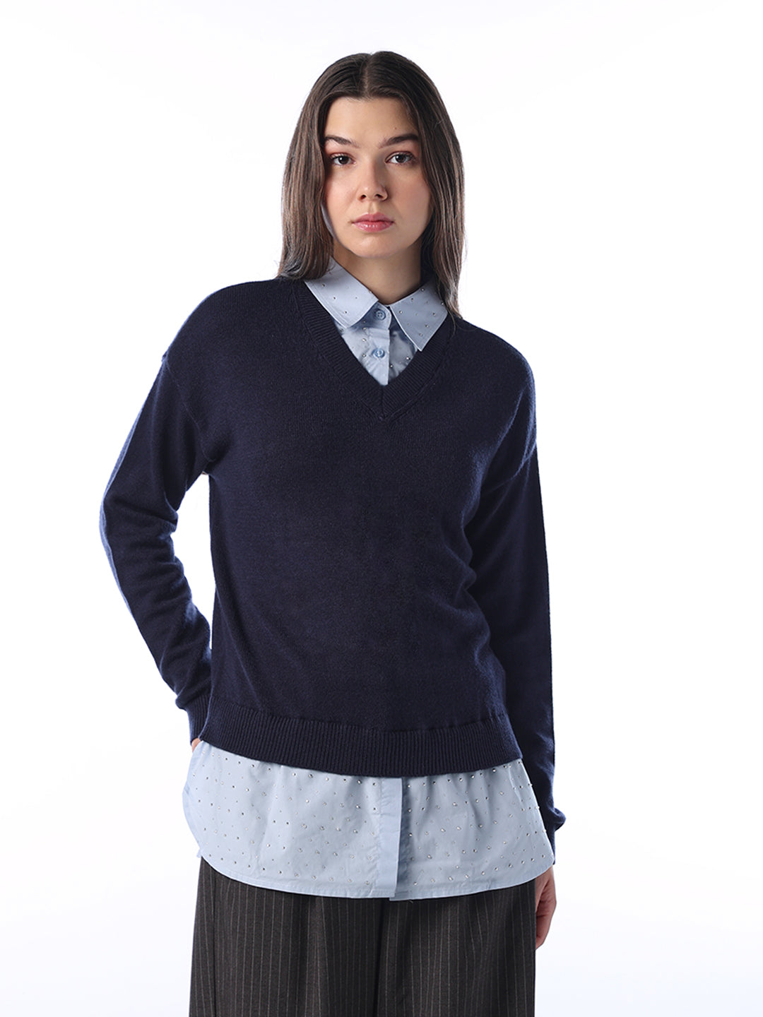 Mock Shirt Embellished Pullover - Navy Blue