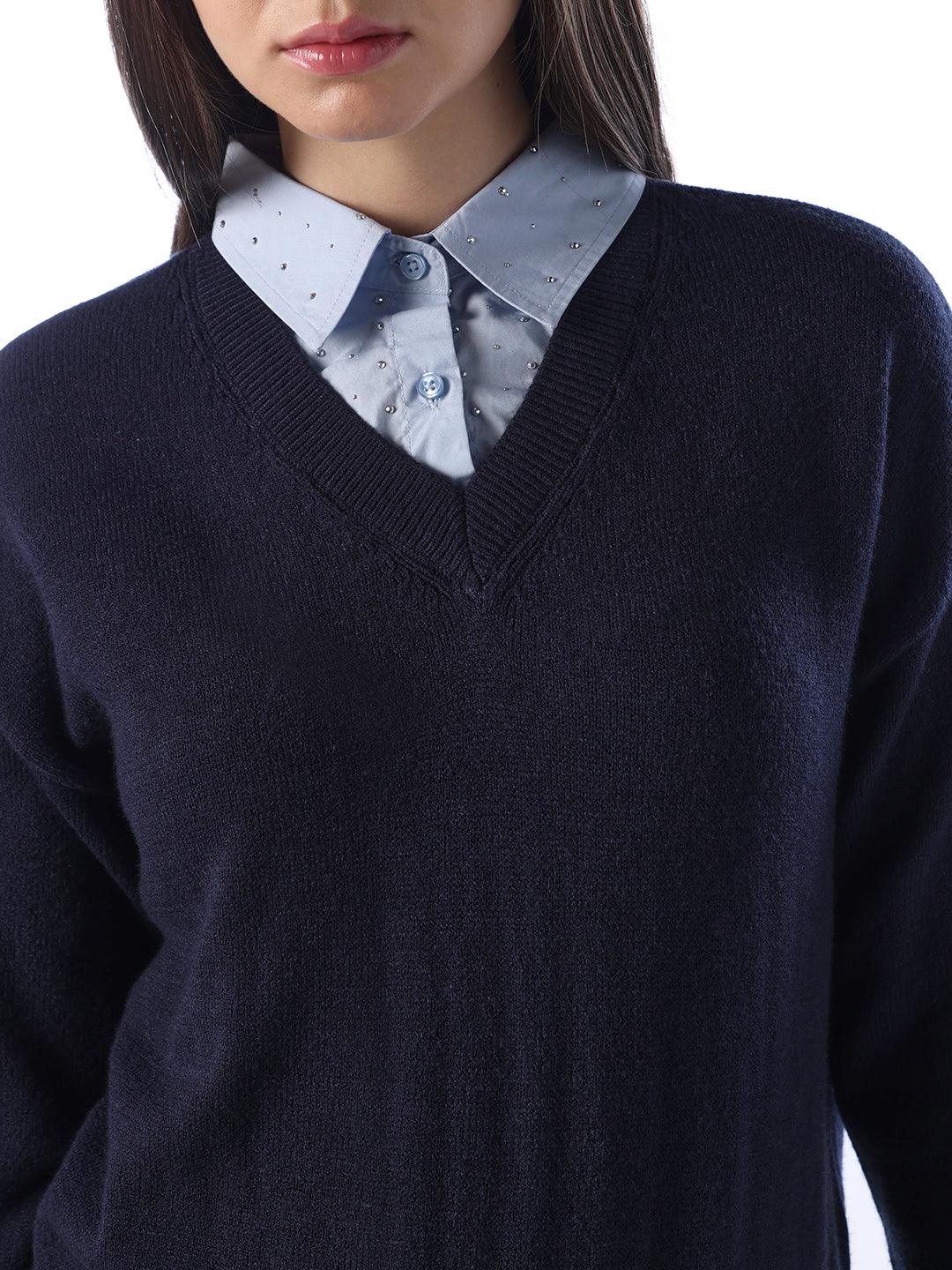 Mock Shirt Embellished Pullover - Navy Blue